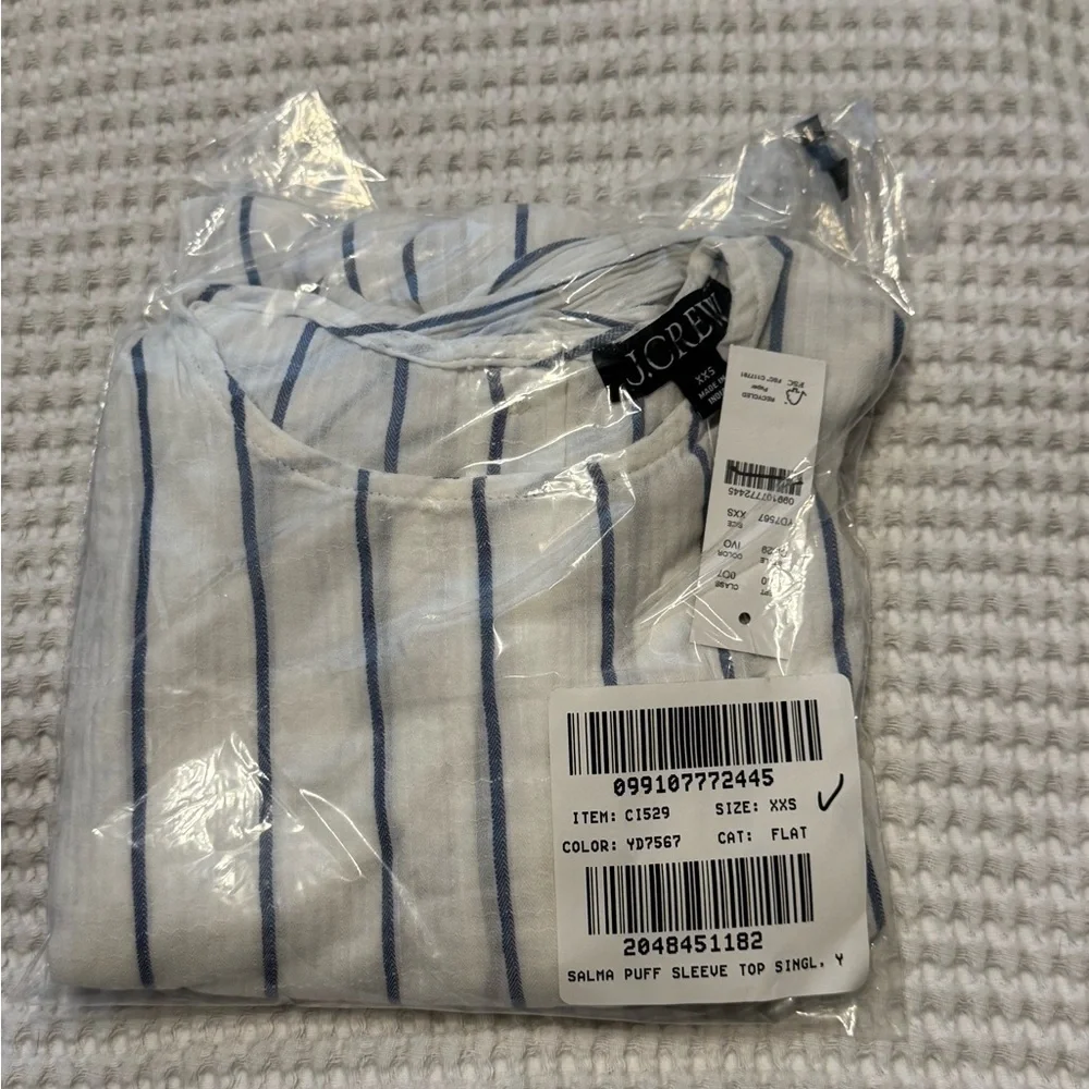 J. Crew Puff-sleeve Top In Sheer Gauze White and Blue Striped Blouse NWT XXS
